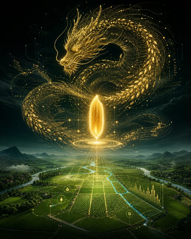 龙侠 AI 品牌形象：金色数据之龙盘旋在稻田上空，一粒发光的稻谷落向田块